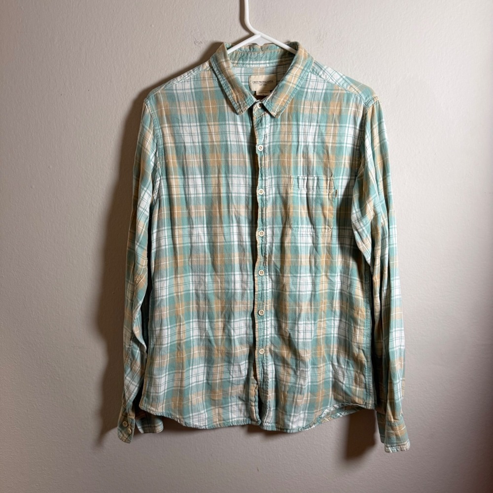 Obey Propaganda Mens Large Plaid‎ Button Down Shirt Teal Tan Long Sleeve Cotton